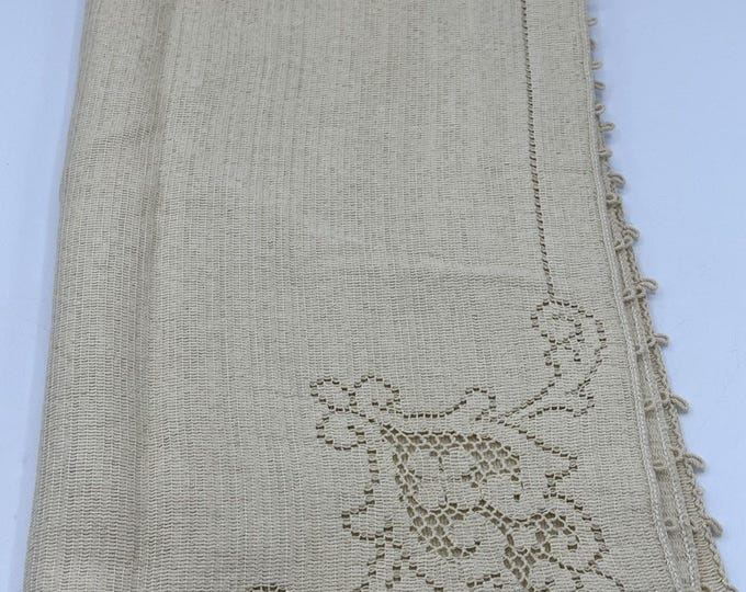 Vintage Beige Linen Crochet Napkins – Set of 4 Square 16” Table Linens with Crochet Loop Hem