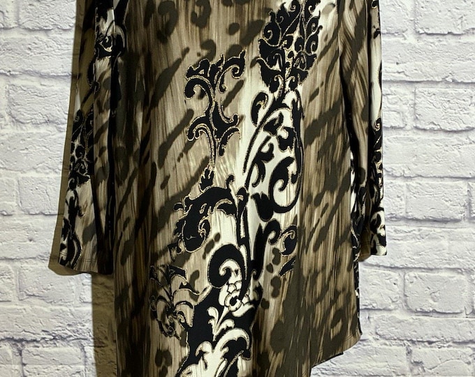 Attitudes by Chico’s Taupe Black Gold Baroque Scroll Tunic Top 1