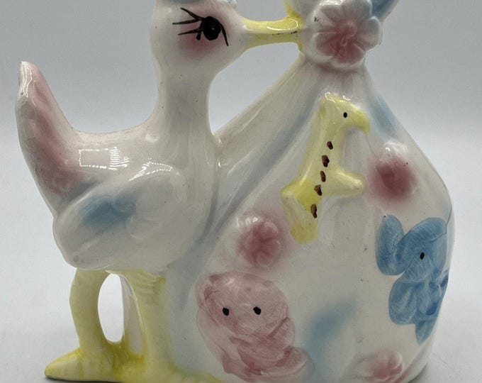Vintage Rubens Stork Planter 1950's Baby Nursery Ceramic Statue Figurine