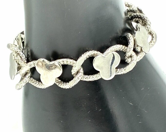 Vintage Silvertone Textured Rope Link Bracelet Quatrefoil Clover Stations