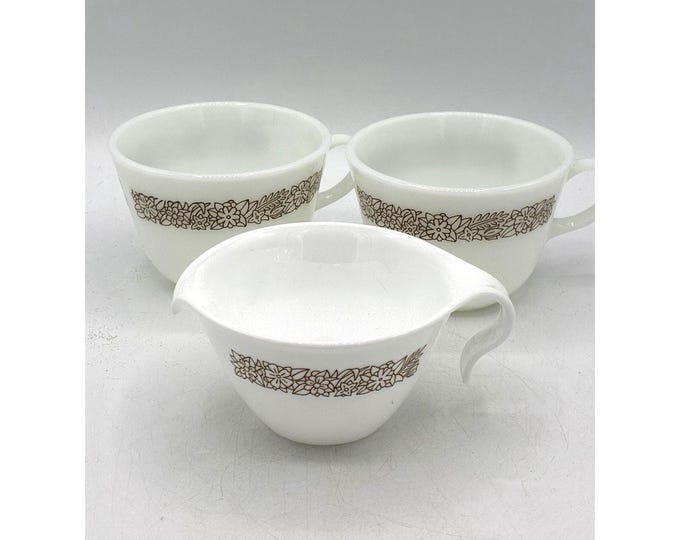 Vintage Corelle Pyrex Woodland Brown Floral Cups Creamer Lot Corning USA