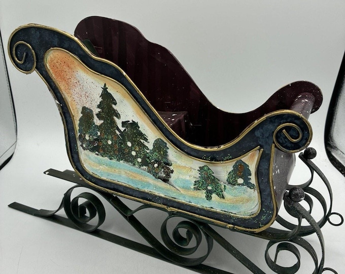 Large Metal Christmas Sleigh 14” Hand Painted Winter Trees Glitter Decor