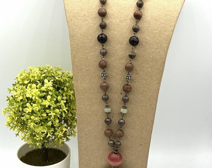 Boho Long Pendant Necklace Wood Beads Brass Filigree Medallion Rosewood 22”