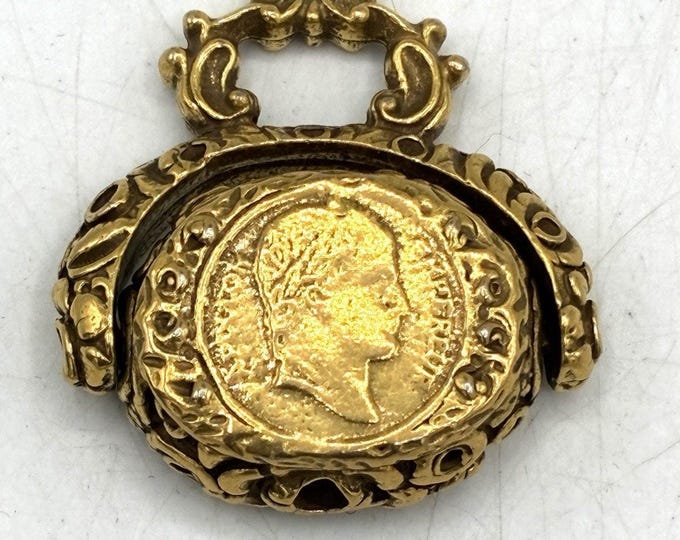 Antique Style Brass Swivel Oval Pendant Roman Portrait Monogram Wax Seal