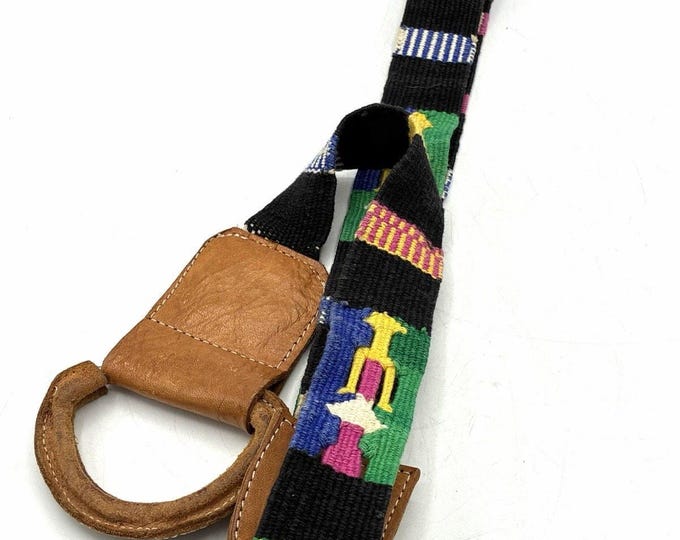 Vintage Embroidered Woven Belt Folk Art Woman Figure Brown Leather Trim 37”
