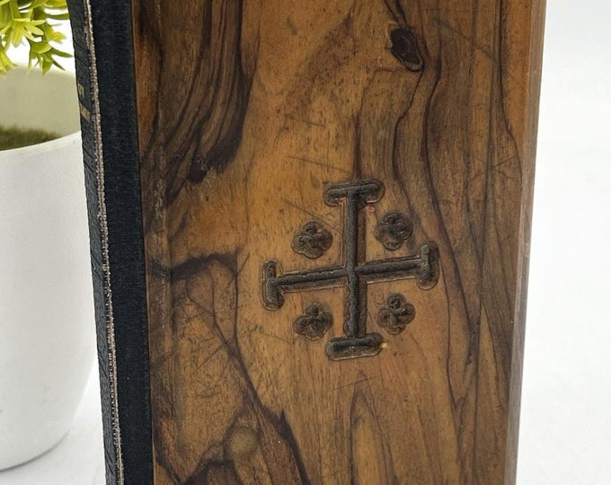 Antique KJV New Testament Olive Wood Cover Jerusalem Cross British Bible Society