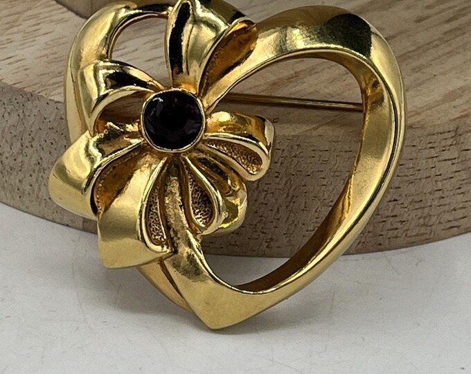 Vintage Avon Gold Tone Heart Bow Brooch • Red Stone Pin • Romantic Gift • 90s Jewelry