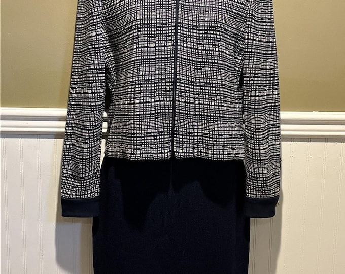Vtg St John 2pc Skirt Suit Navy Blue Santana Knit Zip Front Jacket Size 2 Fringe