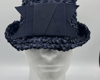 60's Vintage Navy Blue Basket Weave Straw Hat by Emme Boutique W