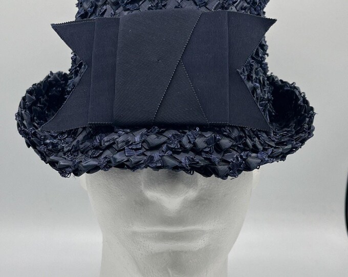 60's Vintage Navy Blue Basket Weave Straw Hat by Emme Boutique W Ribbon Bow