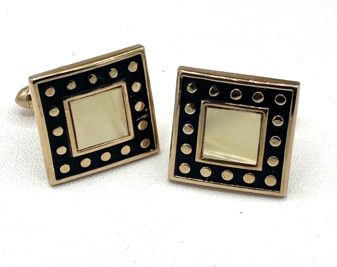 Vintage Swank Square Cufflinks Mother of Pearl Black Enamel Gold Tone Mod Men's