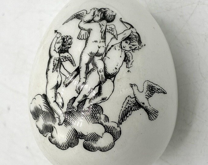 Vintage Blown Egg Cherub Putti Doves Classical Engraving Decoupage Art Egg 2”