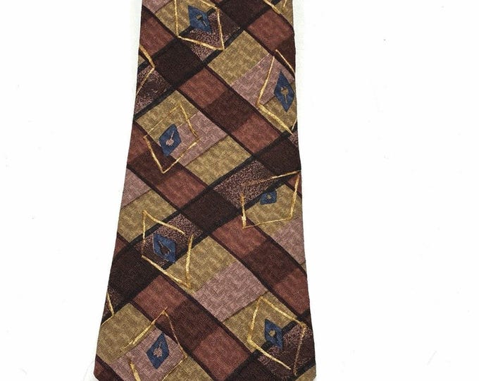 Vintage Bugatti Italian Silk Necktie Brown Geometric Abstract Mens Tie