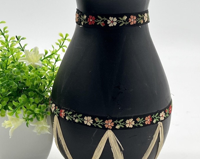 Gmunder Keramik Vase black w/ Raffia Wrap Austria 2511-2 vintage ceramic 8.5" T