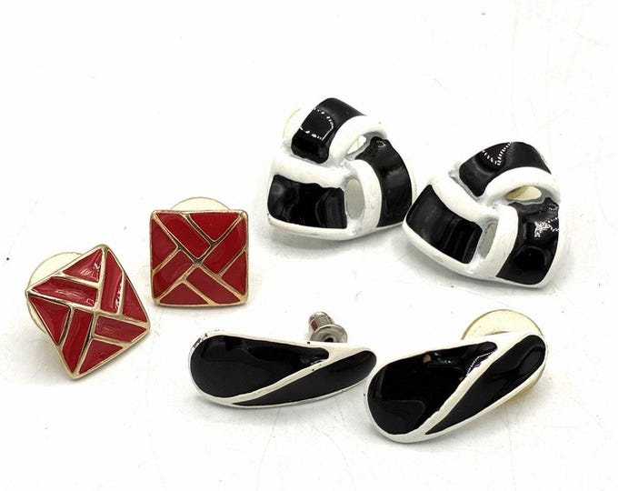 Lot of 3 Vintage Metal Post Earrings Mixed Shapes Textured & Enamel Designs