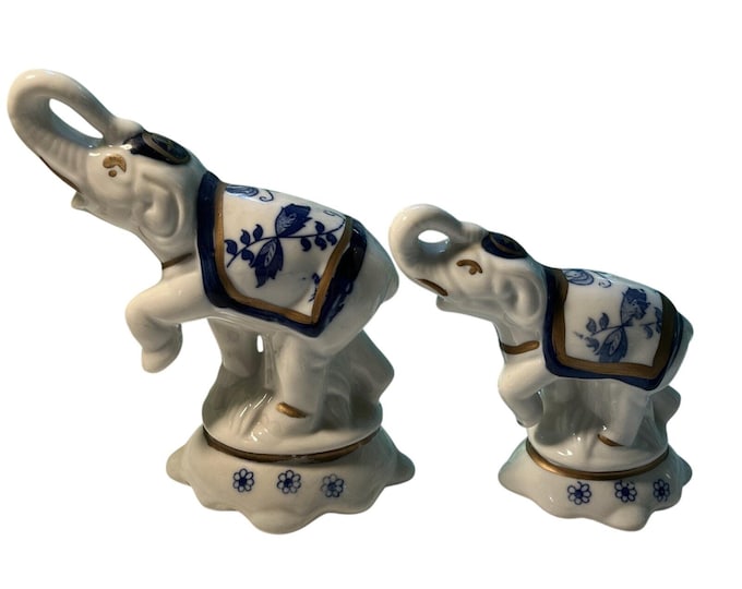 Vintage Delft Style Blue White Ceramic Elephant Figurine Pair Hand Painted 4" 5"