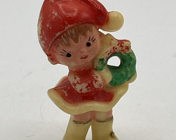 Elf Pixie Girl 60's Christmas Figurine Miniature Hand Painted Celluloid Ornament