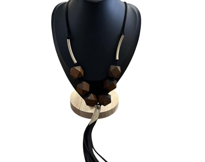 Chunky Boho Wood Cube Leather Tassel Y Necklace 35 Inch