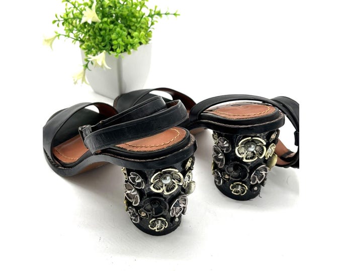 Coach Black Strappy Sandal Metal Flower Heel Buckle Design Size 6