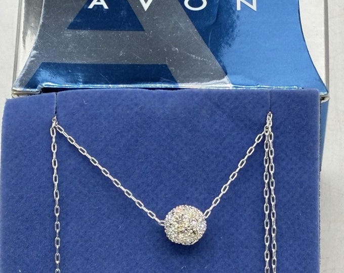 Avon 2003 Shimmering Rhinestone Necklace Silver Tone Pave Ball Original Box