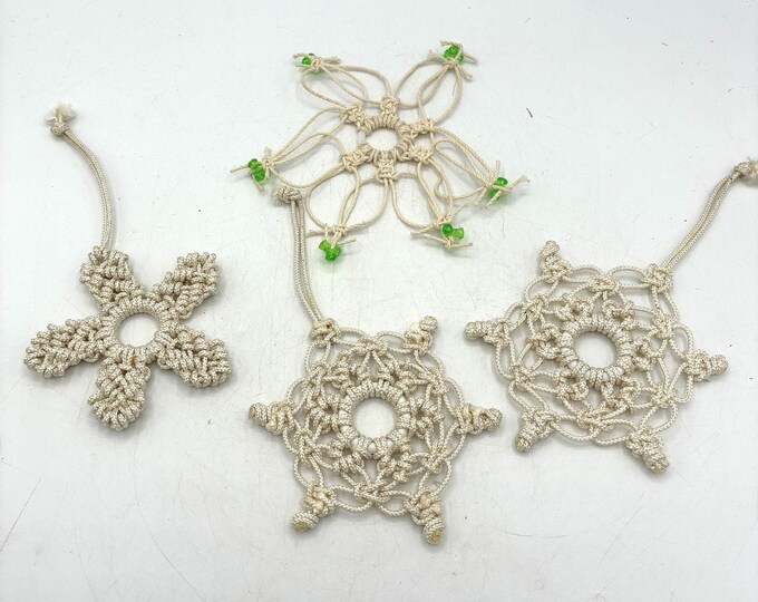 Lot 4 Vintage Handmade Macrame Snowflake Cross Christmas Ornaments Boho