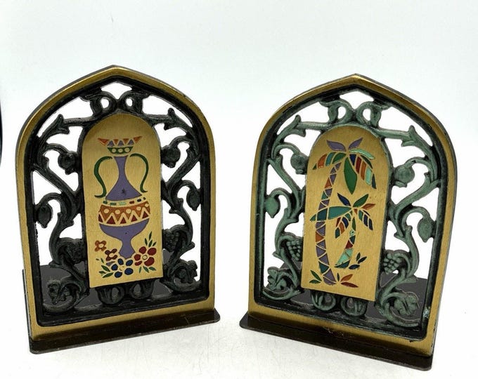 Vintage Dayagi Israel Brass Bookends 4043 Enamel Vase Floral MCM Judaica Pair