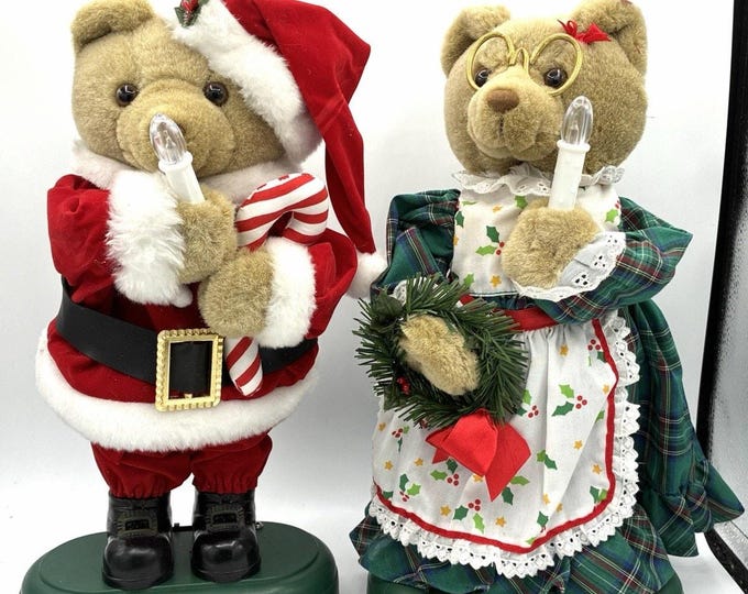Vintage Avon Christmas Bear Lighted Figurines Mr Mrs Santa Holiday Decor AS IS