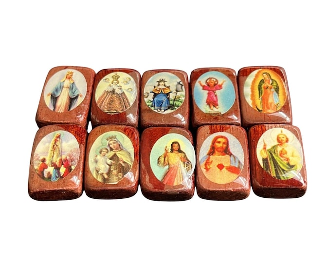 Lot 10 Vintage Wood Catholic Saint Beads .75" Jesus Mary Rosary Jewelry Making