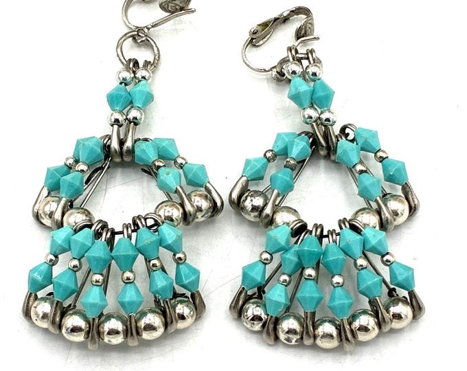Vintage Turquoise Color Beaded Safety Pin Earrings Dangle Boho 2”