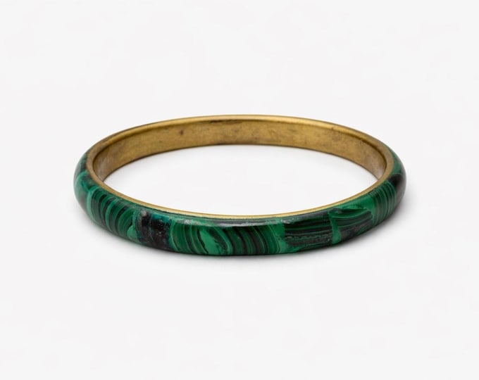 Vintage Malachite Bangle Bracelet Brass Core Green Stone Swirl 2.5 Inch Boho