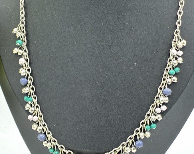 Silver Tone Beaded Fringe Necklace 18” Green Blue Purple Boho Jewelry