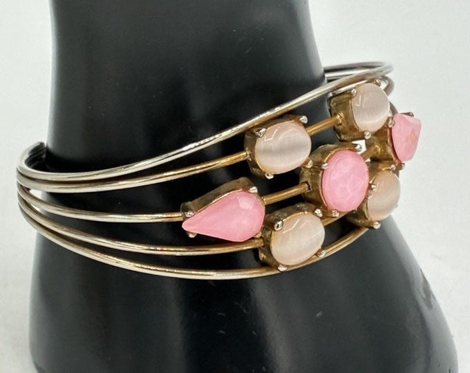 Vintage Pink Cat’s Eye Cabochon Memory Wire Multi Coil Cuff Bracelet Unsigned