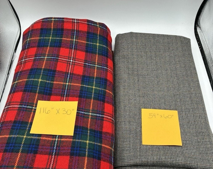 Lot of 2 Fabric Pieces Red Plaid & Gray Houndstooth Sewing Craft Upholstery