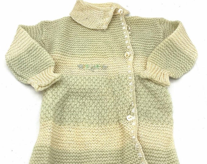 1930s Vintage Baby Knit Coat NRA Label Sage Green Cream Embroidered Flowers Antique