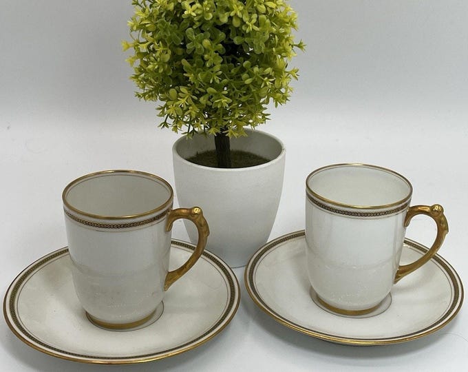French Porcelain Demi‑Tasse Cup & Saucer Set of 2 U.P. L.L. France Vintage