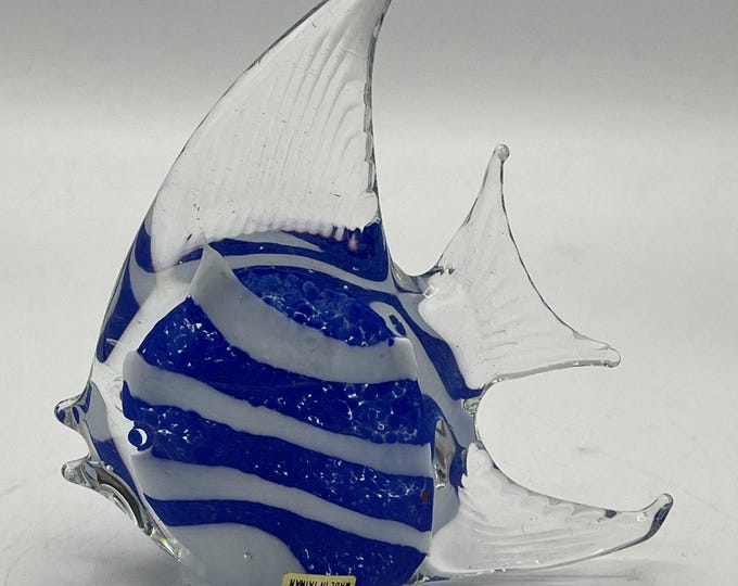 Art Glass Angel Fish Hand Blown Murano Style Paperweight/Figurine, Blue White 5”