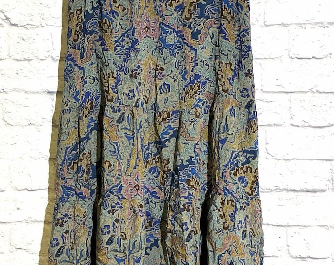 Tahari Tapestry Print Midi Skirt Medium Boho Persian Carpet Viscose Blue Gold