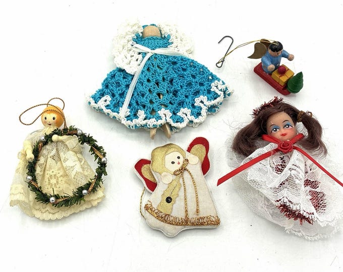 Vintage Angel Christmas Ornament Lot of 5 Handmade Crochet Lace Cloth Wood Folk