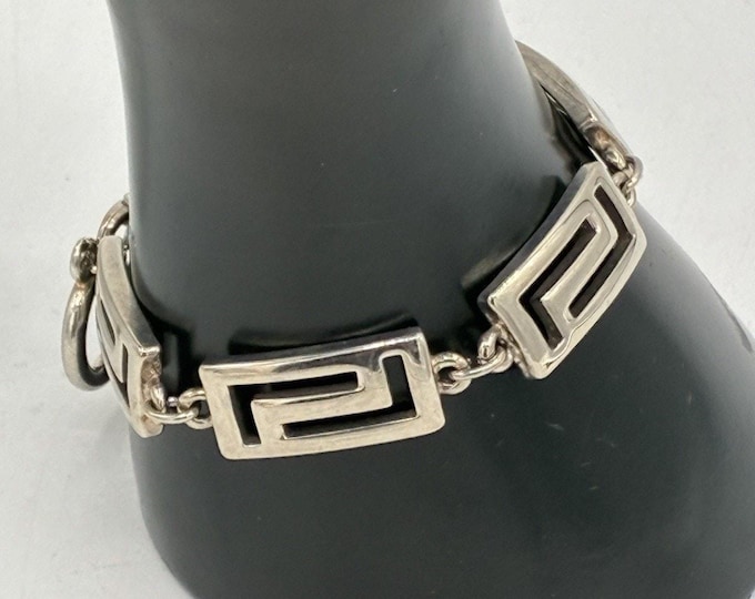 Express Greek Key Link Bracelet Silver Tone Lobster Clasp 7 Inch Y2K