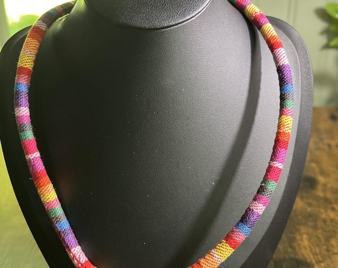 Rainbow Boho Pride Collar Cord Fabric Necklace With Glass Rhinestone Closure 18”