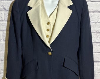 Vintage Christian Dior Navy Cream Blazer Vest Set Gold Buttons Sz 8