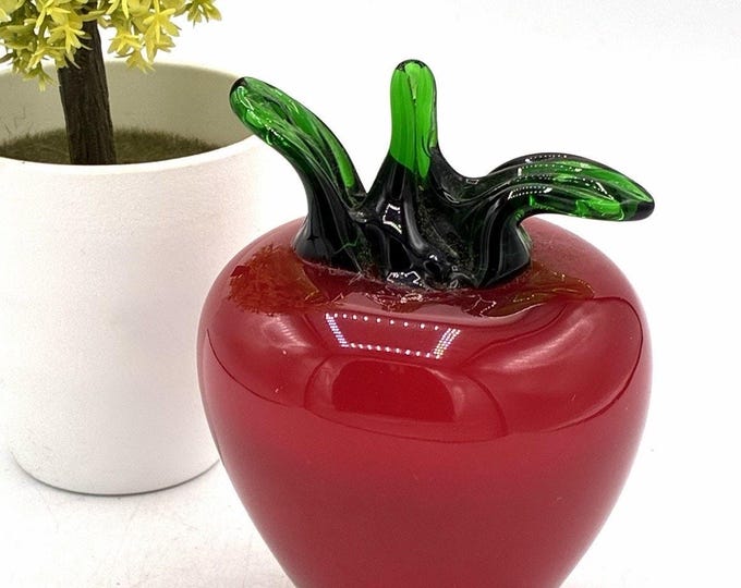 Hand‑Blown Art Glass Apple Figurine – Red Tomato Style with Green Applied Stem 4”