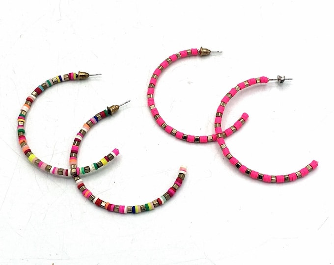 Boho Heishi Bead Hoop Earrings Lot of 2 Pairs Rainbow & Pink 2”
