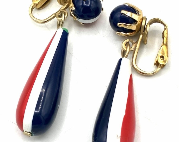 Vintage Hong Kong Red White Blue Dangle Clip Earrings Mod Plastic 2”