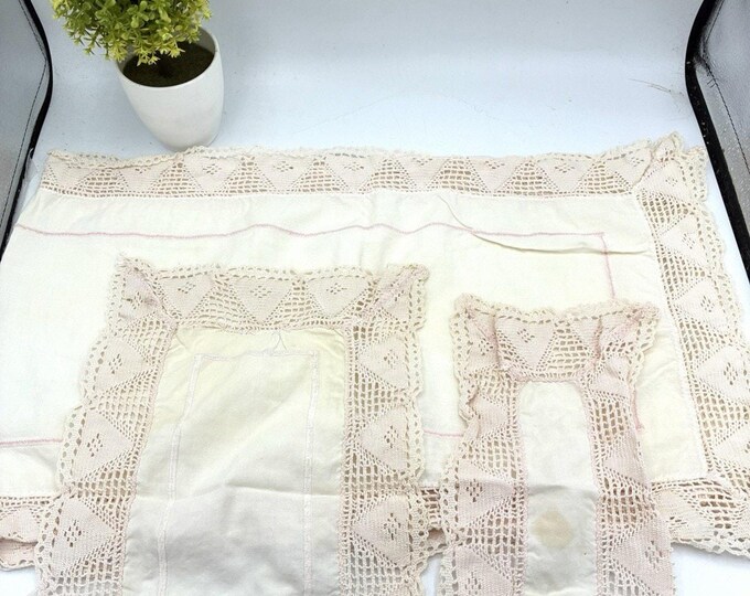 Lot 3 Vintage Linen Dresser Scarves Crochet Lace Runners Pink Trim Cottage Decor