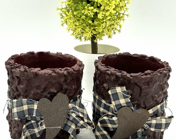 Tender Heart Treasures Set 2 Primitive Candle Holders Plaid Bow Heart 1999 4"