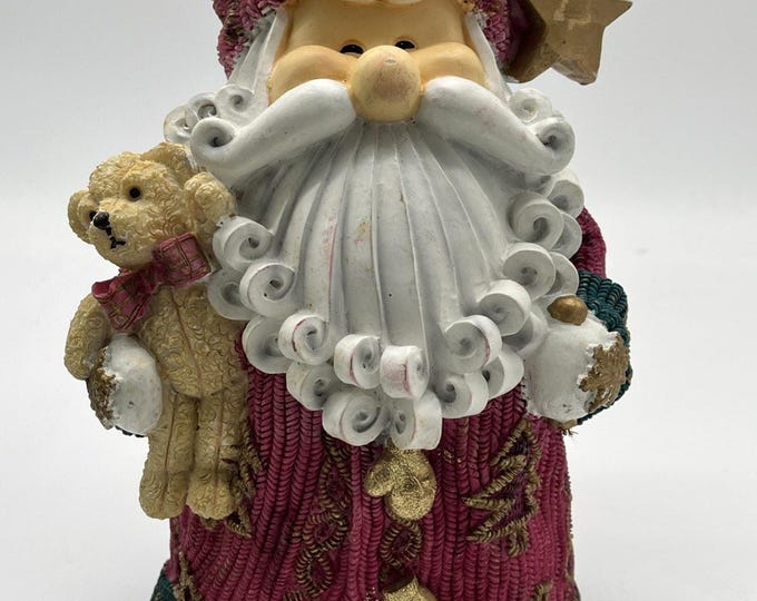 Vintage Candy Cane Santa Figurine 11 Inch Curly Beard Holding Teddy Bear