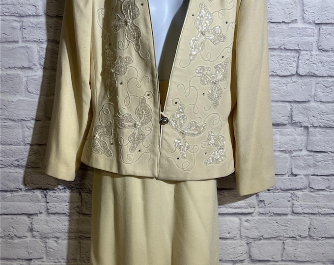 Vintage Nolan Miller 2-Piece Cream Skirt Suit Set Beaded Jacket Size 14 80s READ