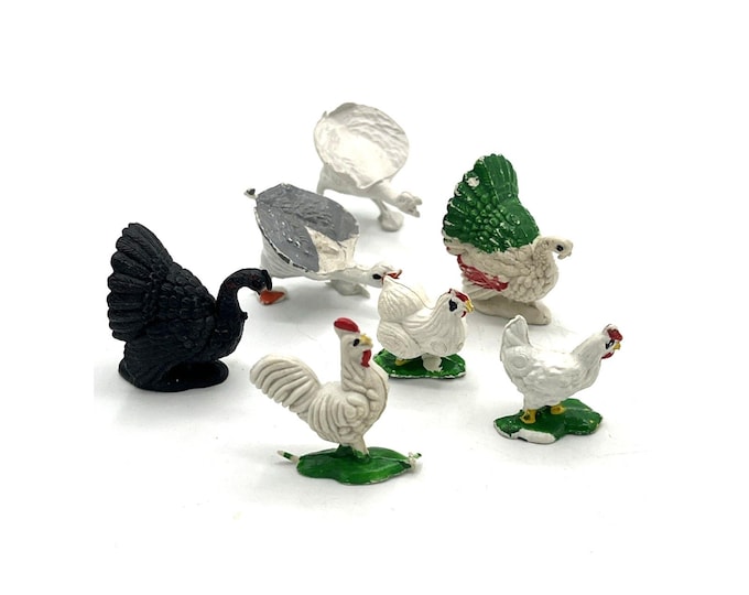 Vintage Plastic Toy Chickens Turkeys Geese Farmhouse Tiered Tray Decor Set