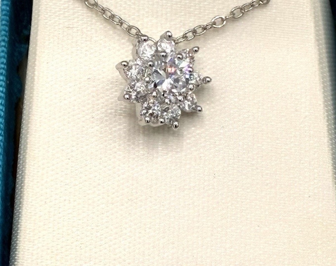 Cubic Zirconia Floral Cluster Pendant Necklace Silver Tone CZ Gift Box